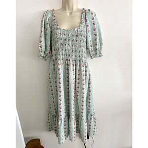 Hill House Louisa Nap Dress NWT Sz L Trailing Vine Crepe Midi Smock Puff Sleeve